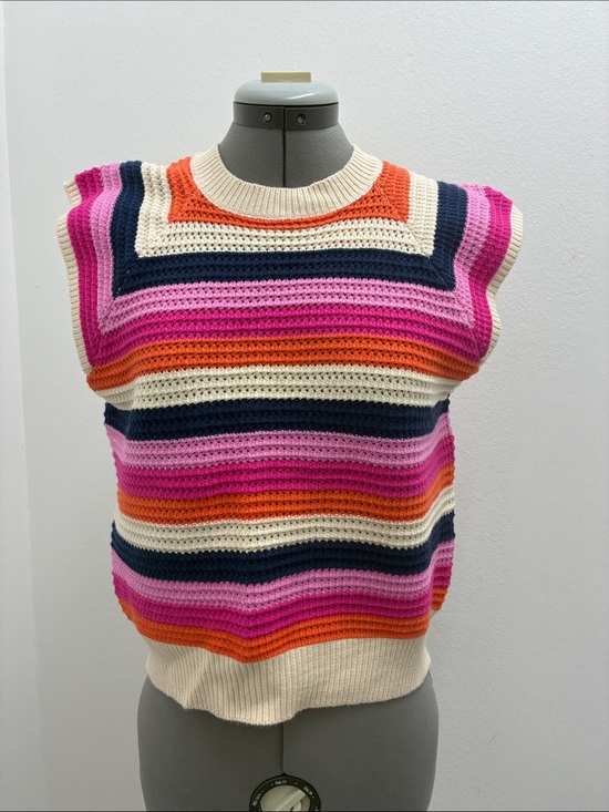 THML Sweaters - THML Striped Crochet Knit Sleeveless Crew in Pink, Orange, Navy & Cream